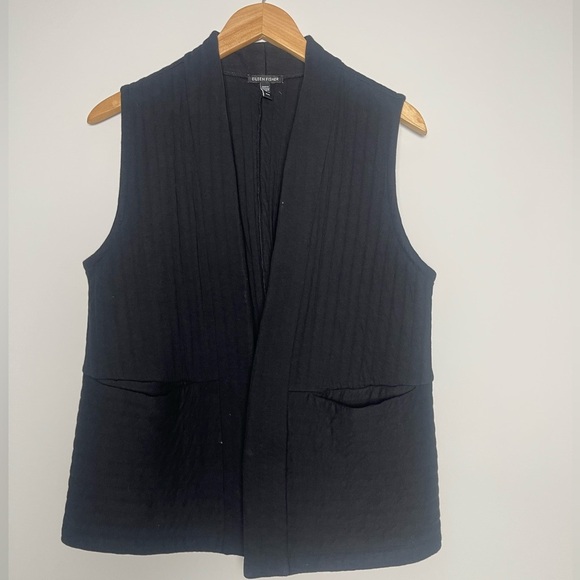 Eileen Fisher | Organic Cotton Channels High Collar Vest Black Size Medium - Picture 2 of 4